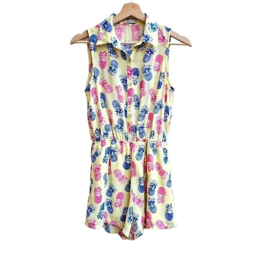 Upside Down Pineapple Print and Mother of Pearl Button Romper, Size Small